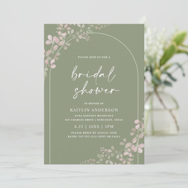 Sage Green Foliage Boho Arch Brautparty Einladung (Stehend Vorderseite)