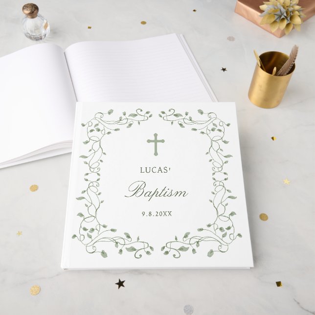 Sage Green Foliage Frame Baptism Gästebuch (Vorderseite offen)