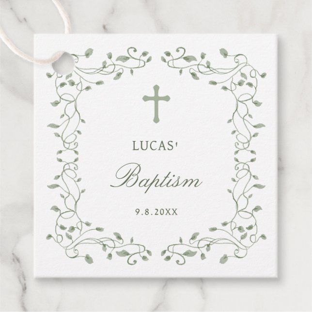 Sage Green Foliage Frame Baptism Geschenkanhänger (Vorderseite)