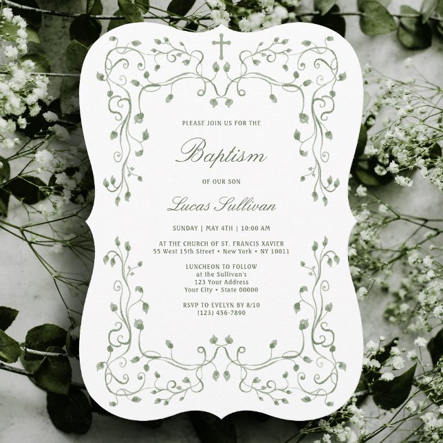 Sage Green Foliage Frame Baptism Invitation Einladung (Von Creator hochgeladen)
