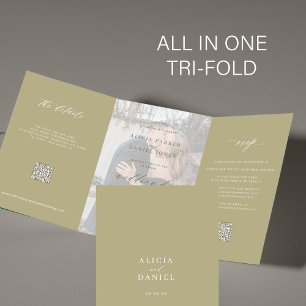 Sage Green Foto Hochzeit RSVP Details QR-Code Dreifach Gefaltete Einladung