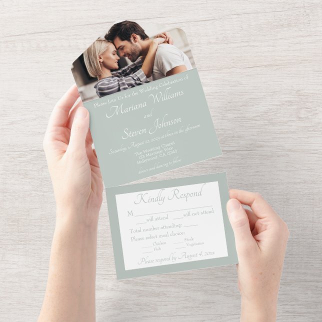 Sage Green Foto Hochzeitseinladung All In One Einladung (Abreißen)