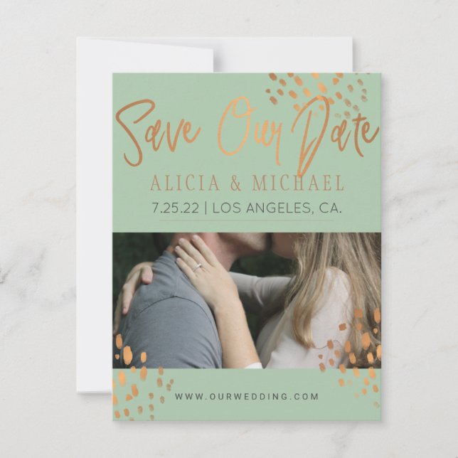 Sage Green FOTO Imitats Rose Gold Foil Typografie Save The Date (Vorderseite)