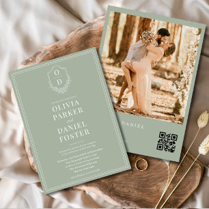 Sage Green Foto QR Code Classic Wappen Wedding Einladung