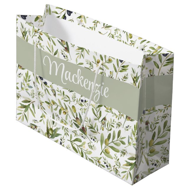 Sage Green French Country Chic Olive Name Monogram Große Geschenktüte (Vorderseite Schrägansicht)