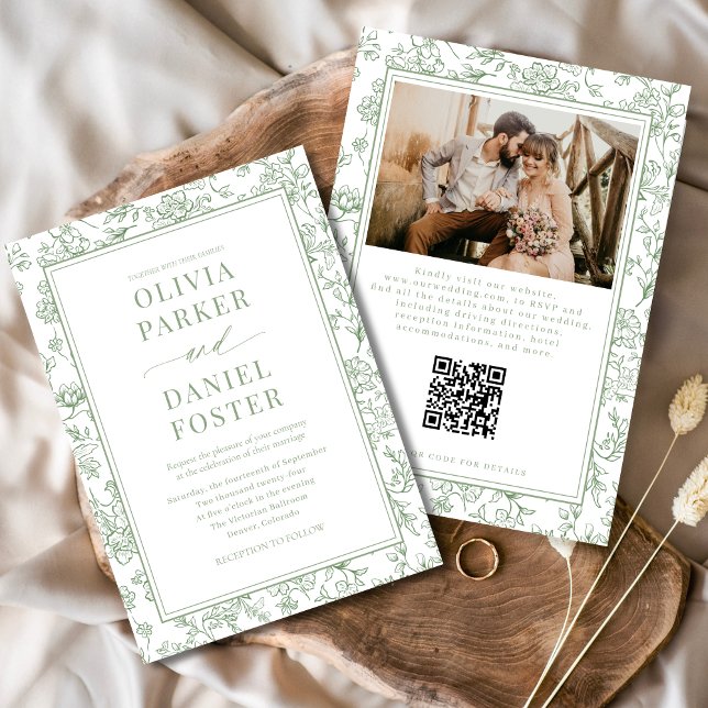 Sage Green French Floral QR Code Toile Einladung (Von Creator hochgeladen)