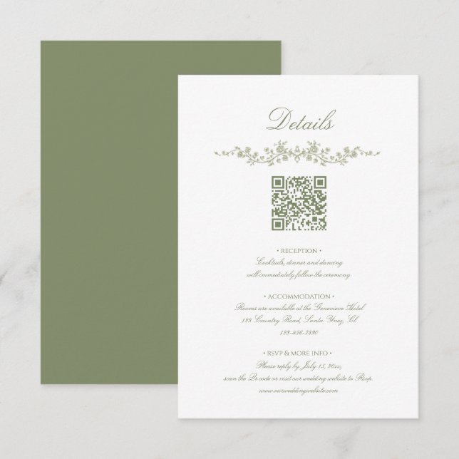  Sage Green French Floral with QR Code Wedding Begleitkarte (Vorne/Hinten)