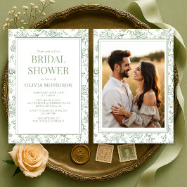 Sage Green French Toile Photo Bridal Shower Einladung