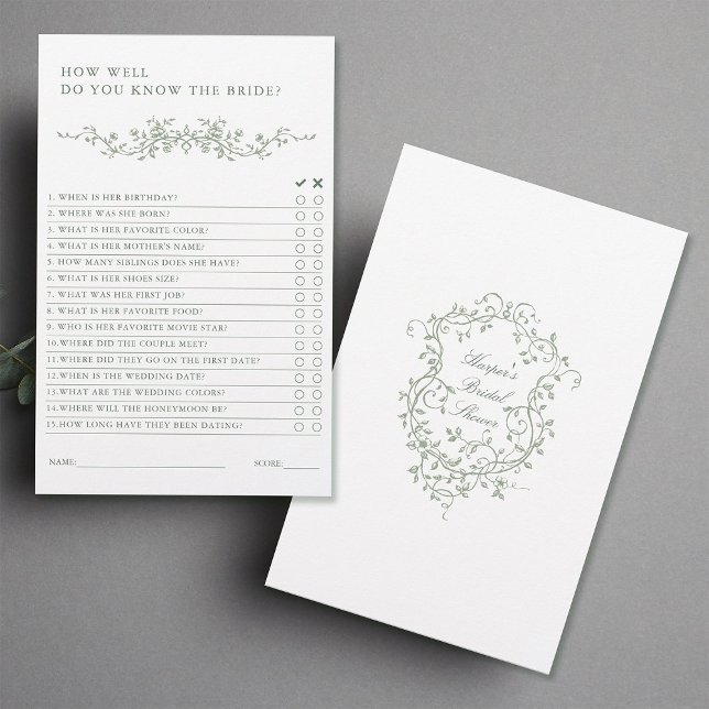 Sage Green French Viktorianisch Brautparty Game (Front & Back)