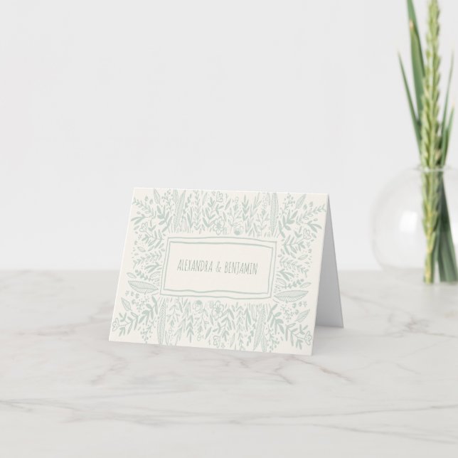 Sage Green Garden Floral Art Border Name Wedding Dankeskarte (Vorderseite)