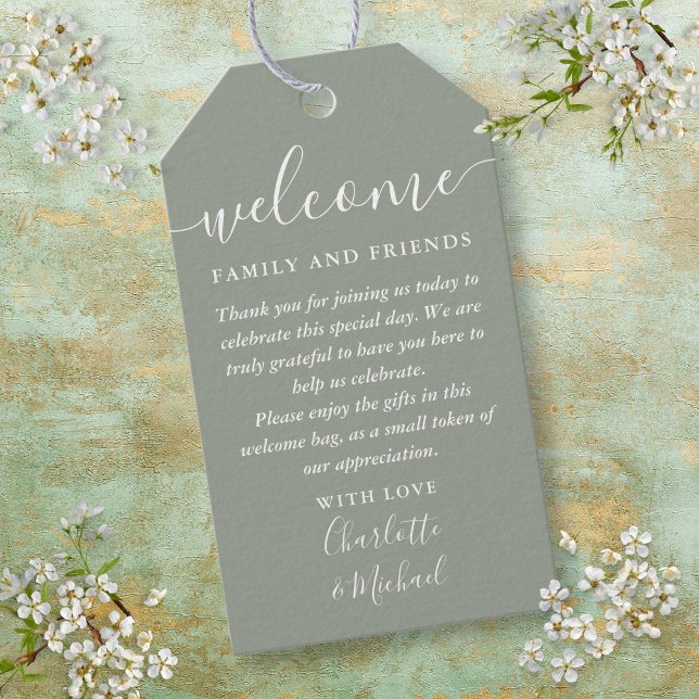 Sage Green Gastgeschenk Hochzeit Willkommenskorb Geschenkanhänger (Sage Green Wedding Favor Welcome Basket Bag Gift Tags)