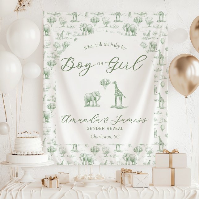 Sage Green Gender Reveal Banner Safari Toile Wandteppich (Von Creator hochgeladen)