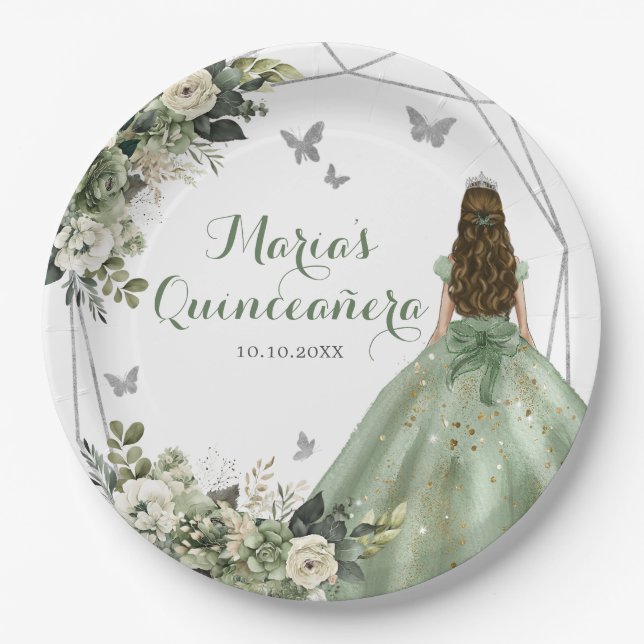 Sage Green Geometric Princess XV Años Floral Pappteller (Vorderseite)