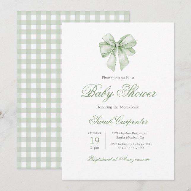 Sage Green Gingham and Bow Baby Shower Einladung (Vorne/Hinten)