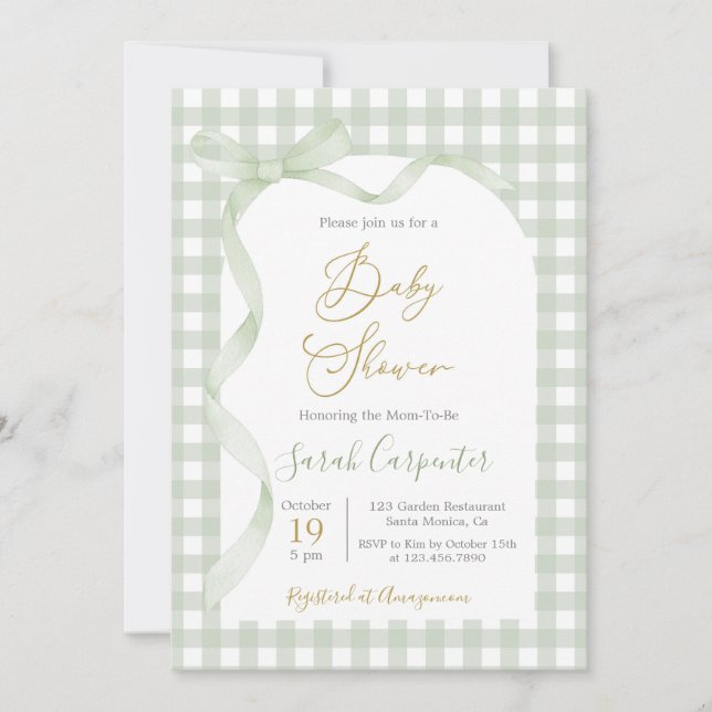 Sage Green Gingham and Bow Baby Shower Einladung (Vorderseite)