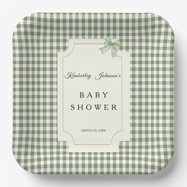 Sage Green Gingham Baby Dusche Einladung mit Bow Pappteller (Vorderseite)