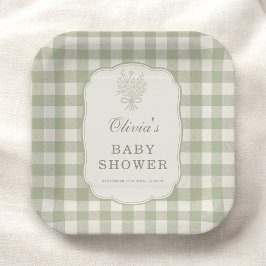 Sage Green Gingham Baby Shower Party Pappteller
