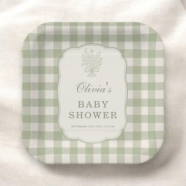 Sage Green Gingham Baby Shower Party Pappteller (Von Creator hochgeladen)