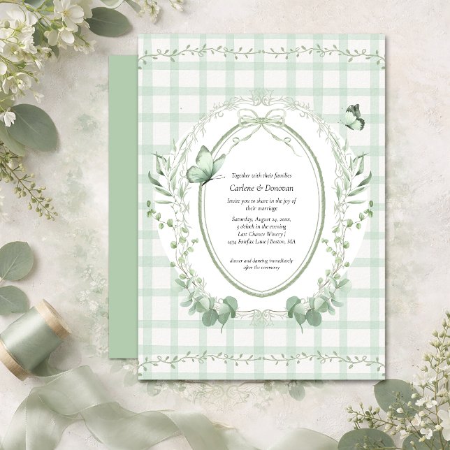 Sage Green Gingham Botanical Wedding | Einladung (Von Creator hochgeladen)