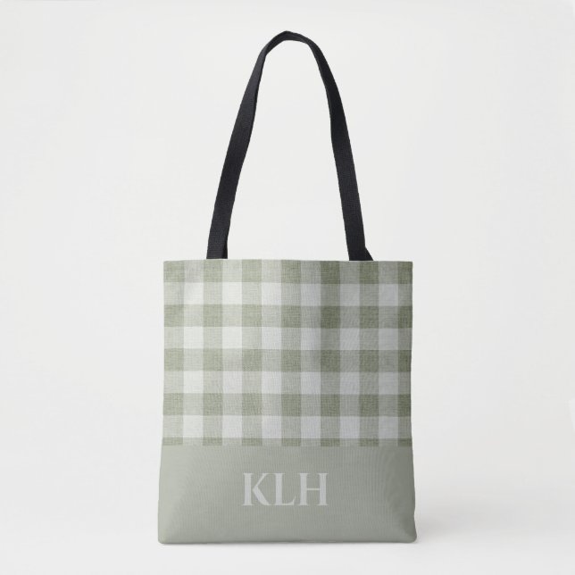 Sage Green Gingham Buffalo Check Linen Texture  Tasche (Vorderseite)
