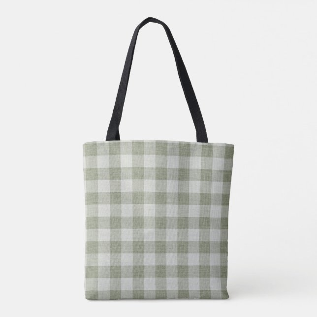 Sage Green Gingham Buffalo Check Linen Texture  Tasche (Rückseite)