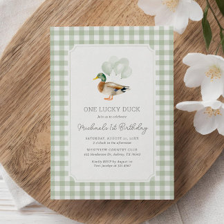 Sage Green Gingham Duck 1. Geburtstag Einladung
