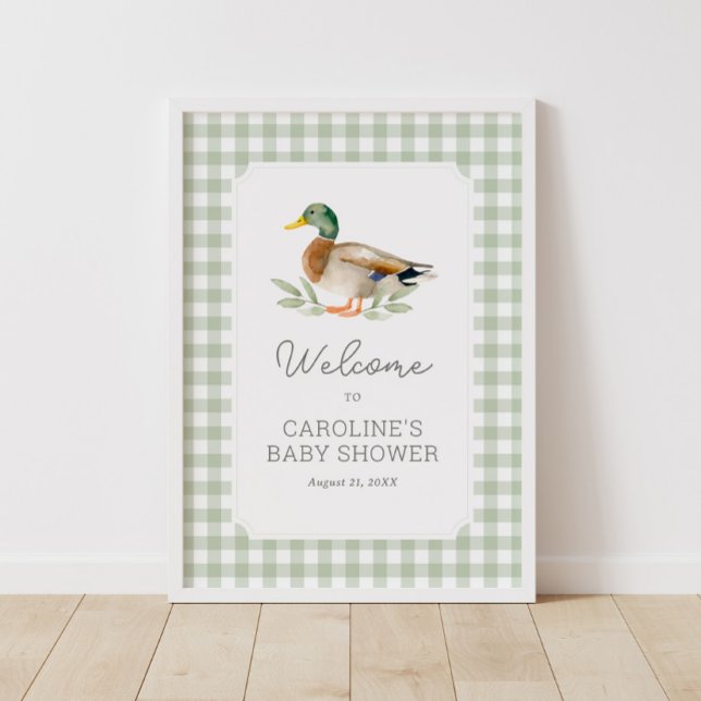 Sage Green Gingham Duck Baby Duck Begrüßungszeiche Poster (Von Creator hochgeladen)