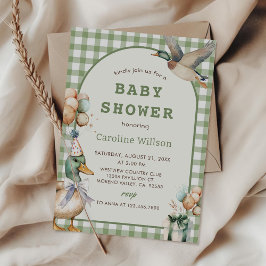 Sage Green Gingham Duck Baby Shower Einladung