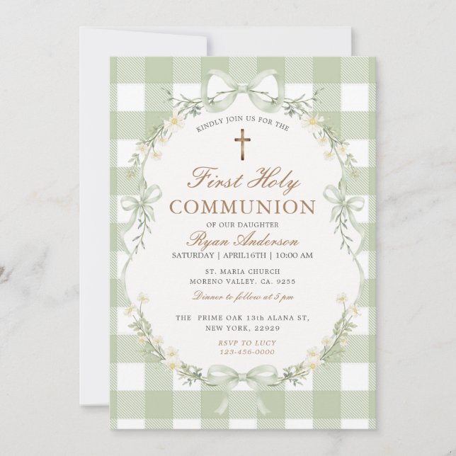 Sage Green Gingham First Holy Communion Invitation Einladung (Vorderseite)