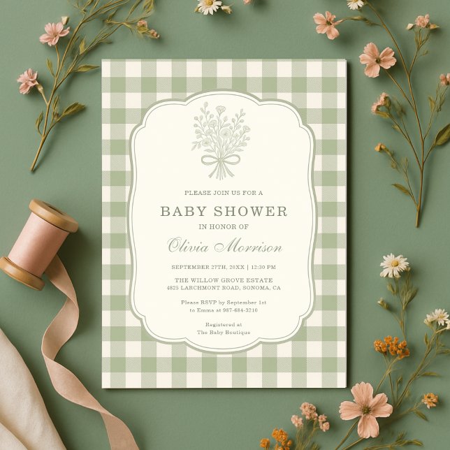 Sage Green Gingham Floral Bow Baby Shower Einladung (Von Creator hochgeladen)