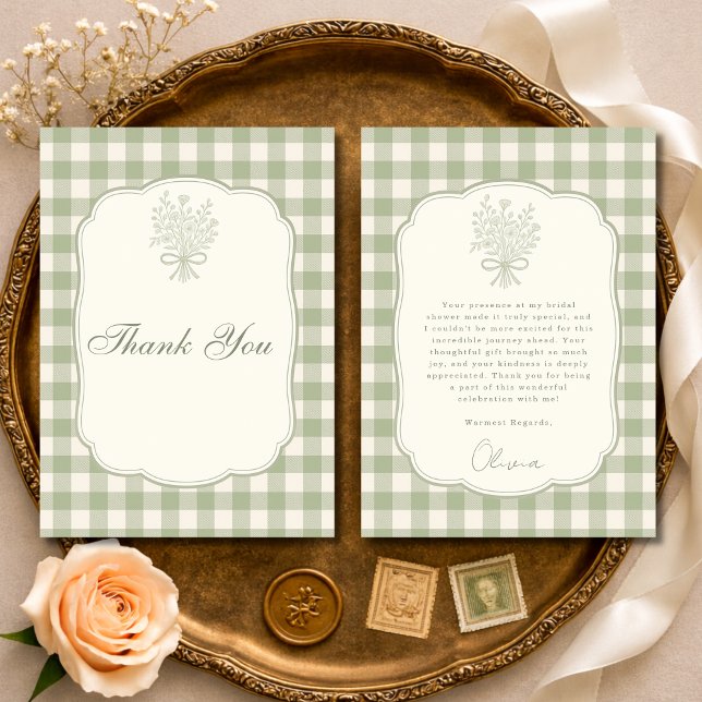 Sage Green Gingham Floral Bow Bridal Shower Dankeskarte (Von Creator hochgeladen)