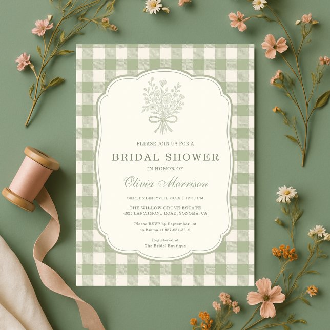 Sage Green Gingham Floral Bow Bridal Shower Einladung (Von Creator hochgeladen)