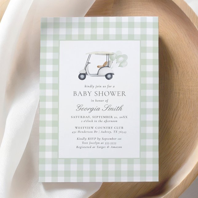 Sage Green Gingham Gender Neutral Golf Baby Dusche Einladung (Von Creator hochgeladen)