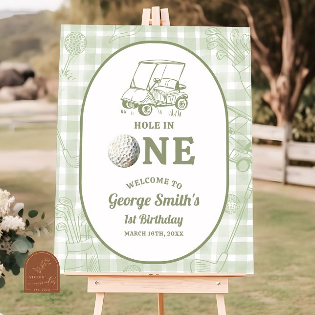 Sage Green Gingham Golf 1st Birthday Welcome Sign Poster (Von Creator hochgeladen)