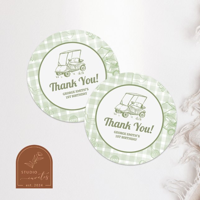 Sage Green Gingham Golf Birthday Thank You Sticker (Von Creator hochgeladen)