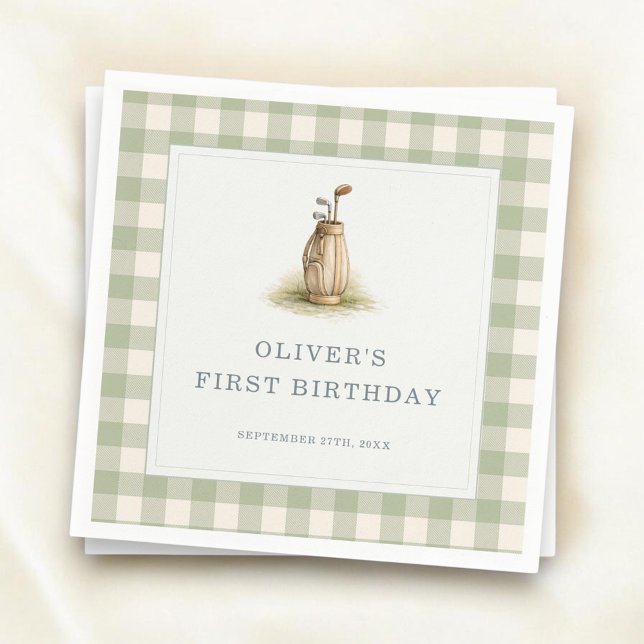 Sage Green Gingham Golf First Birthday Party Serviette (Von Creator hochgeladen)