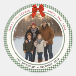 Sage Green Gingham Karo Kreis Foto Weihnachten Runder Aufkleber