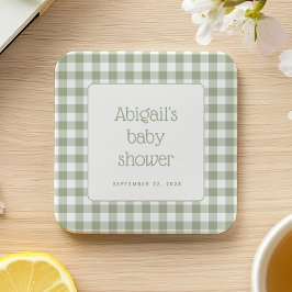 Sage Green Gingham Karo Rustic Baby Dusche Rechteckiger Pappuntersetzer
