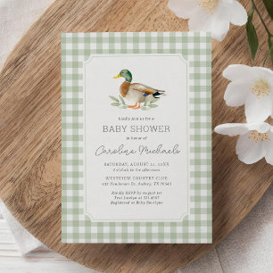 Sage Green Gingham Mallard Duck Baby Duck Einladung