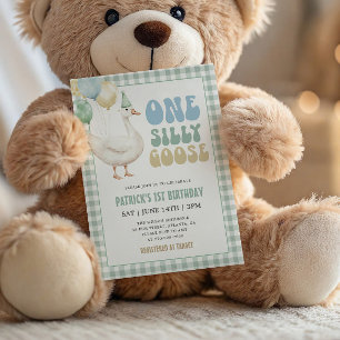 Sage Green Gingham One Silly Goose 1. Geburtstag Einladung