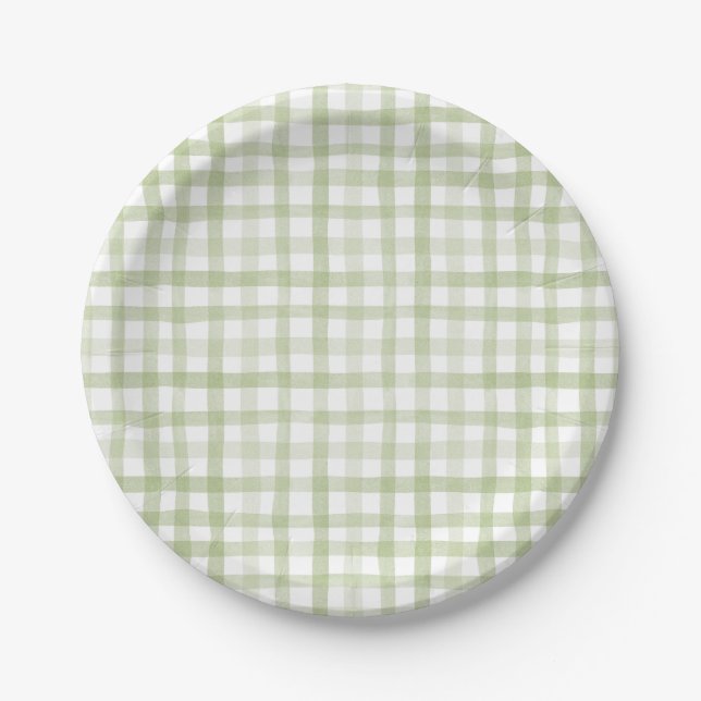 Sage Green Gingham Pappteller (Vorderseite)
