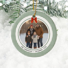 Sage Green Gingham Plaid Circle Photo Christmas Keramik Ornament