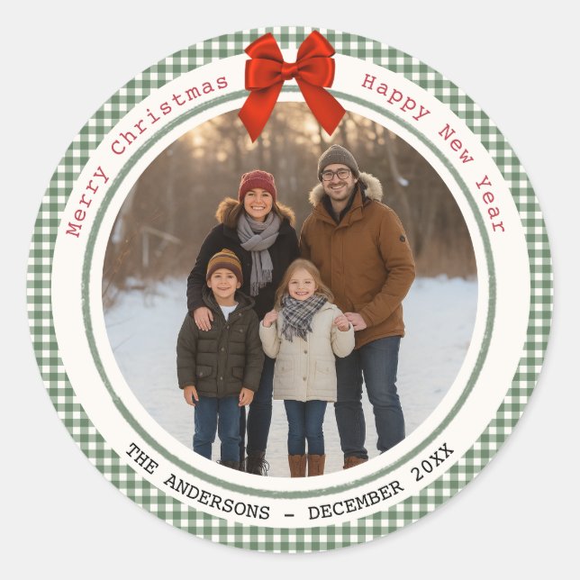 Sage Green Gingham Plaid Circle Photo Christmas Runder Aufkleber (Vorderseite)