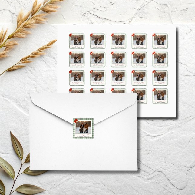 Sage Green Gingham Plaid Photo Christmas Quadratischer Aufkleber (Green gingham plaid custom square Christmas photo stickers)