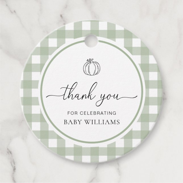 Sage Green Gingham Pumpkin Baby Dusche Geschenkanhänger (Vorderseite)