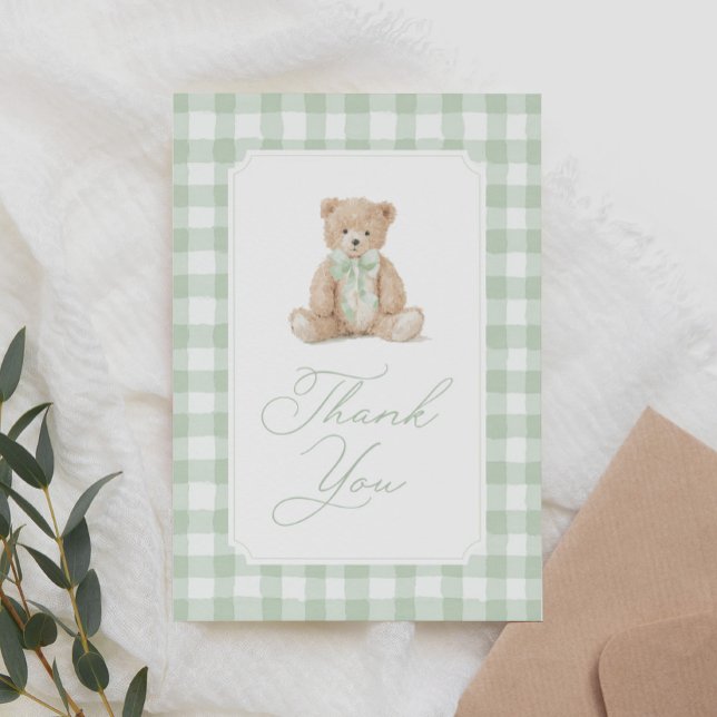 Sage Green Gingham Teddy Bear Baby Shower Dankeskarte (Von Creator hochgeladen)