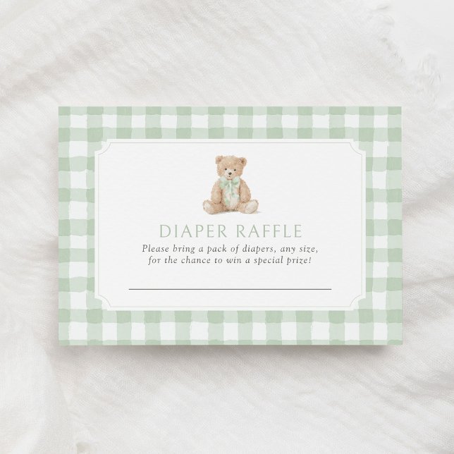 Sage Green Gingham Teddy Bear Diaper Raffle Ticket Begleitkarte (Von Creator hochgeladen)