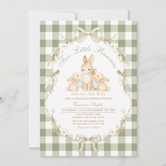 Sage Green Gingham Twins Baby Shower Invitation (Devant)