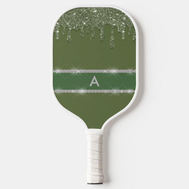 Sage Green Glitzer Tropfen glänzen Diamond Monogra Pickleball Schläger (Vorderseite)