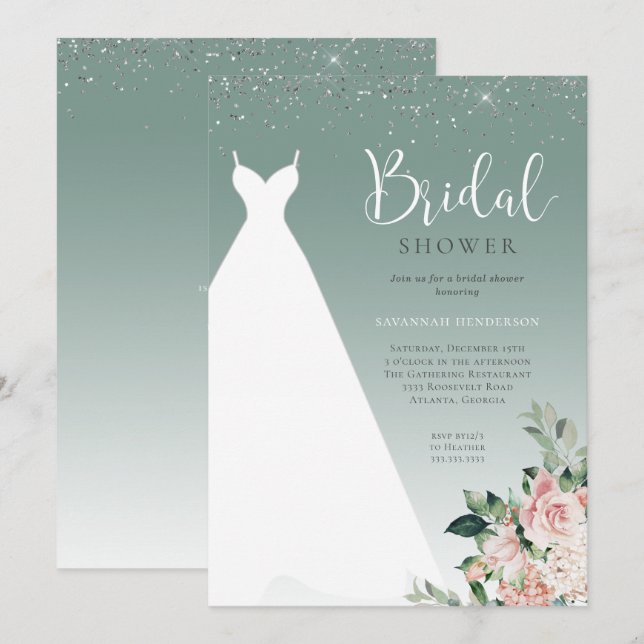 Sage Green Glitzer Wedding Dress Brautparty Einladung (Vorne/Hinten)